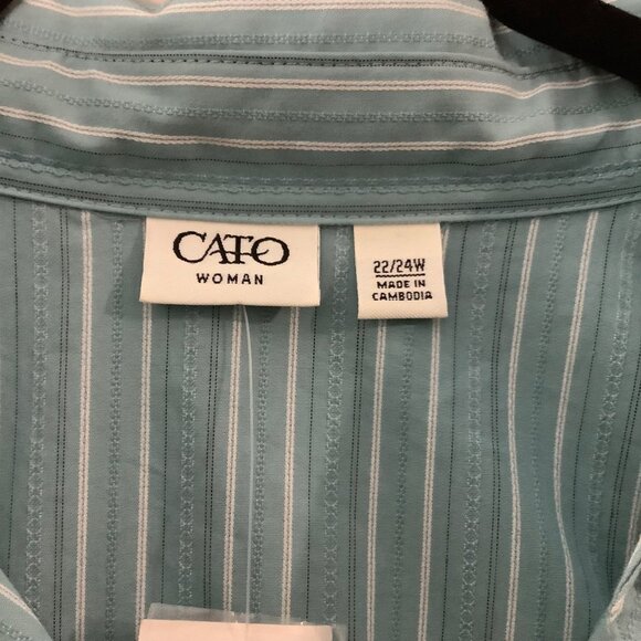 Cato Woman Plus Size 22/24W Teal Striped Button-Up Shirt 3/4 Sleeves Cotton NWT - Picture 3 of 8